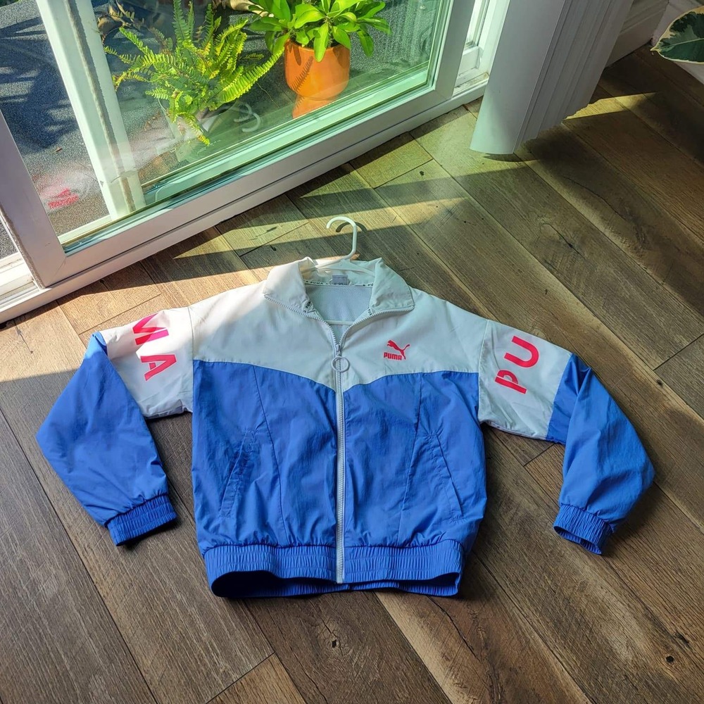 Puma Womens XS Windbreaker Jacket Colorblock Blue White Pink Mesh Lined Zip Up